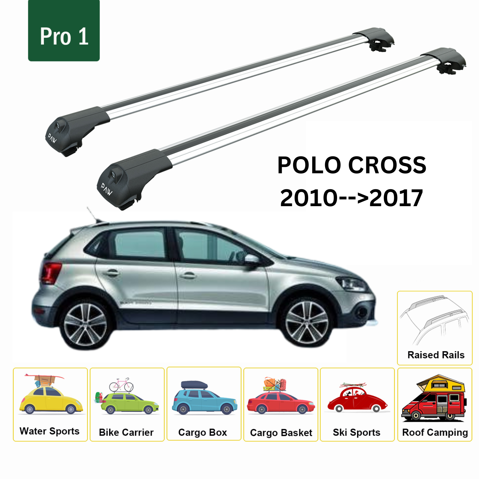 For Volkswagen Polo Cross 2010-2017 Roof Rack Cross Bar Metal Bracket Raised Rail Alu Silver For Volkswagen Polo Cross 2010-2017 Roof Rack Cross Bar Metal Bracket Raised Rail Alu Silver
